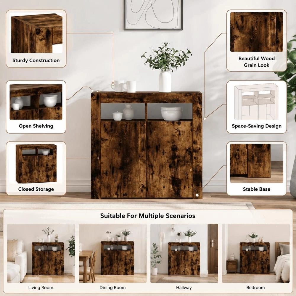 Sideboard With LED Lighting, Smoked Oak, 80x35x75 Cm