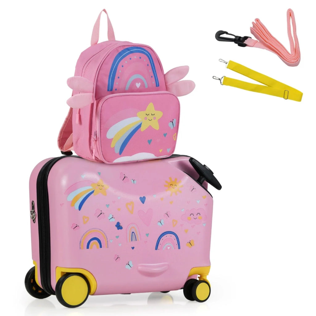 Set di 2 valigie per bambini: valigia 47 x 26,5 x 36,5 cm e zaino 26 x 30 cm con seduta ergonomica alla moda in ABS rosa e nero 20_0009822