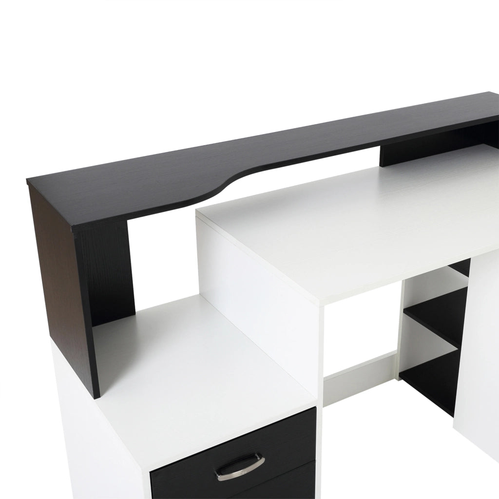 EasyComfort Scrivania per Ufficio con Ripiano Stampante, 2 Cassetti e 3 Mensole, in MDF Bianco e Nero, 137 x 55 x 92cm