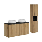 Set VANO finitura quercia e nero 150cm: mobile sottolavabo con ante + piano per lavabo + lavabi da appoggio rotondi + colonna