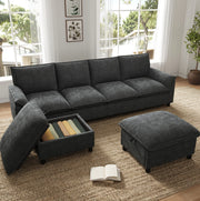 Divano modulare angolare in chenille nero con 2 pouf