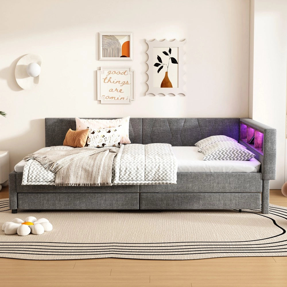 Letto Divano con Cassetti e LED ¨C MINIMAL ¨C Tessuto Grigio 140x200
