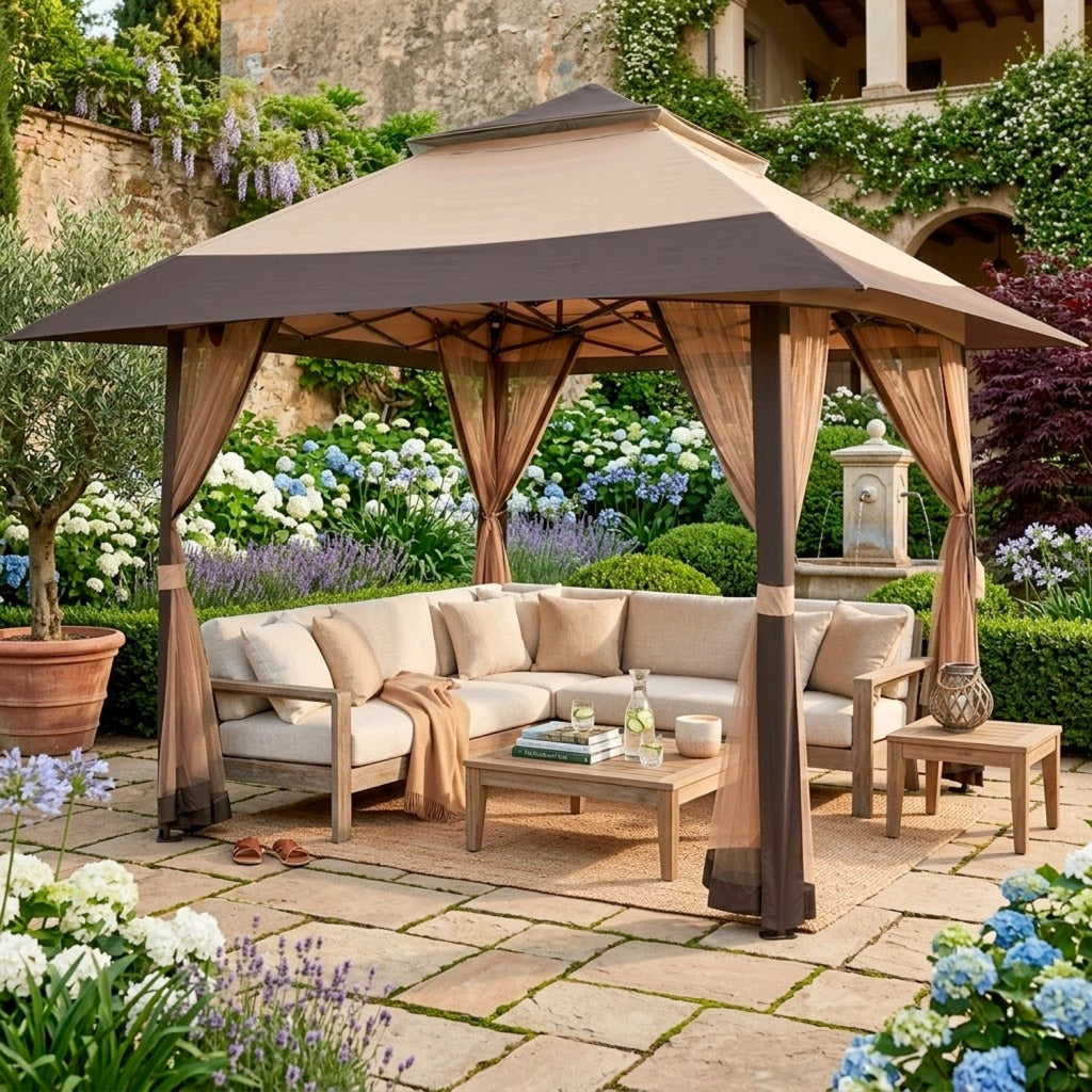 Gazebo Pop Up Da Giardino 4 X 4 Metri Con Tetto Allargato E Zanzariere Altezza Regolabile Da 2.7 X 2.9 M Apertura Rapida E Borsa Di Trasporto Inclusa Per Feste Piscina Campeggio Eventi Kaki