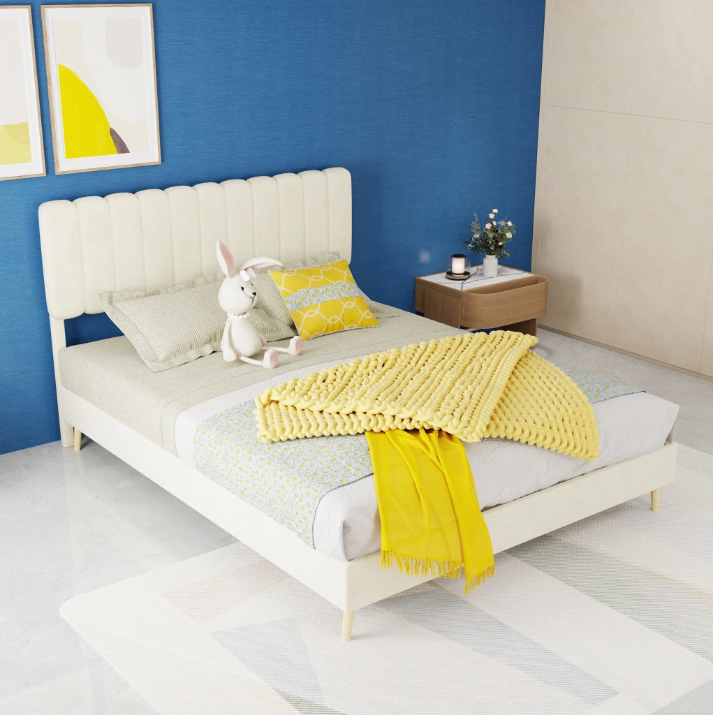 Letto imbottito 140x200 cm con testiera alta; tessuto beige
