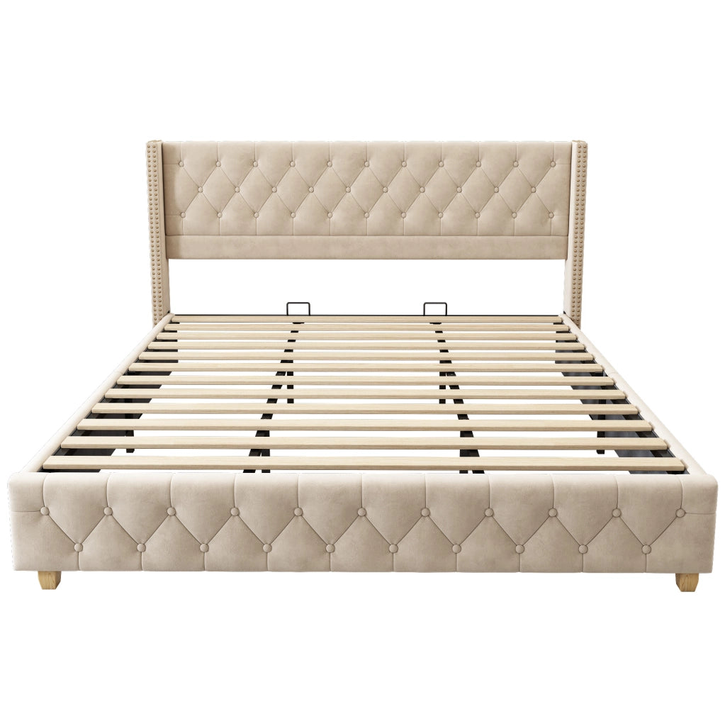 Letto imbottito 180x200 cm con testiera capitonn茅 e borchie; velluto beige chiaro (Senza materasso)