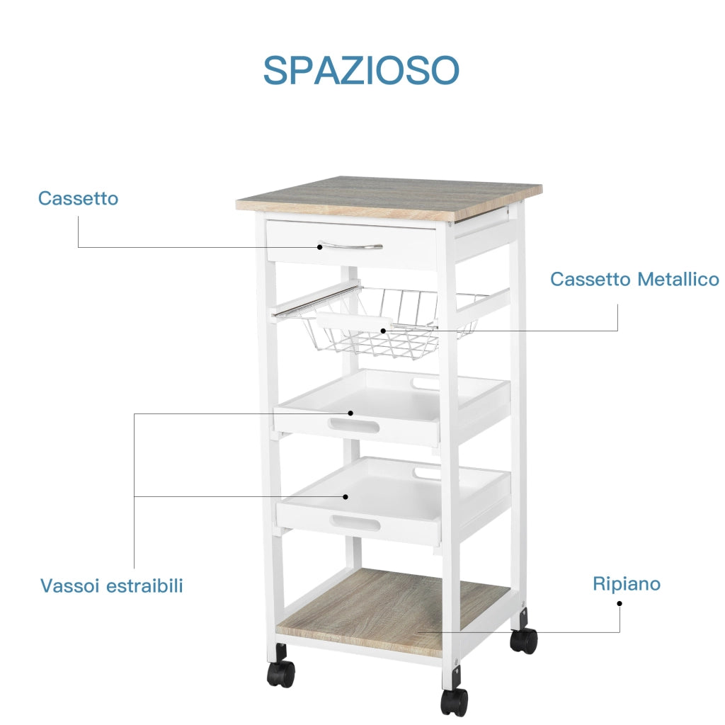 Easycomfort Carrello da Cucina Salvaspazio in Legno di Pino e MDF, Carrello Portaoggetti con Cassetto, Cestello, 2 Vassoi e 4 Ruote Universale, 37x37x82cm, Bianco