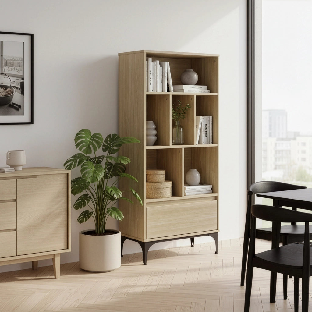 Libreria Kistiandi con 6 Vani Aperti e Cassetto 137 x 60 x 35 cm - Effetto Rovere Chiaro [en.casa]