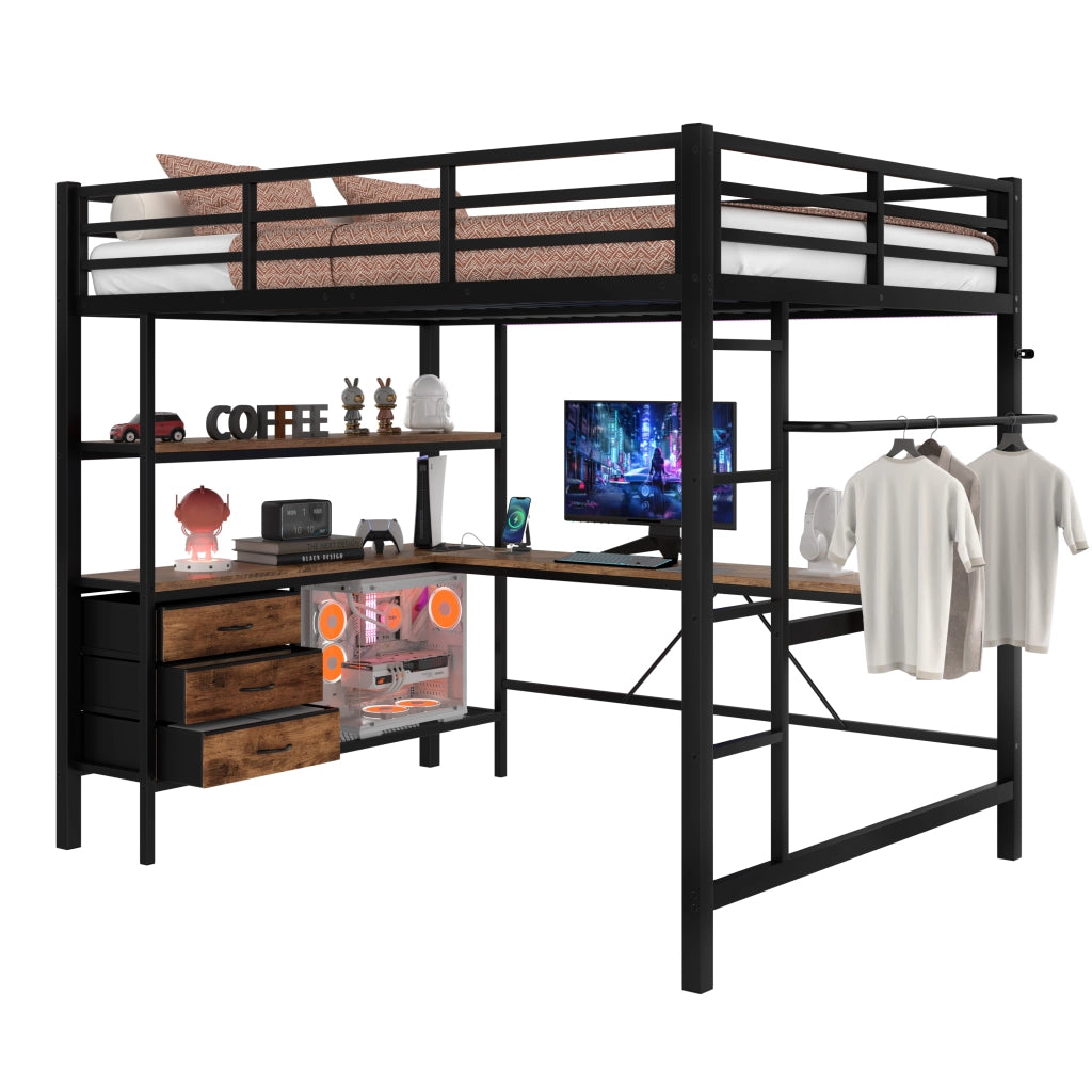 OKWISH Letto a soppalco 140×200 cm, Letto Matrimoniale con LED, Scrivania, Presa, USB, 3 Cassetti, Mensole e Scala, senza Materasso, Nero
