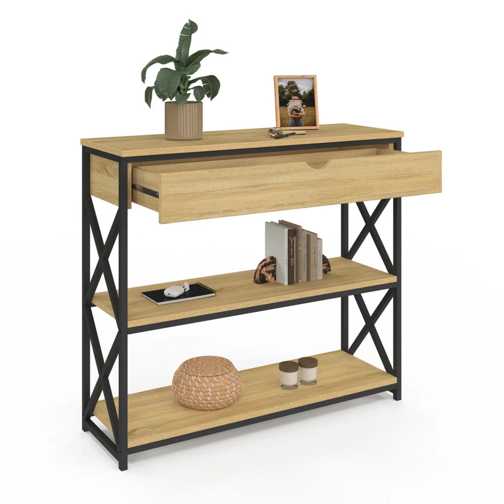 IDMarket - Consolle WAYNE a 1 cassetto con 2 ripiani, design industriale