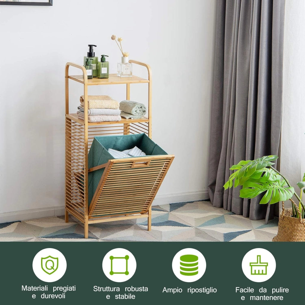 Armadietto da Terra Mobiletto Bagno 2 Ripiani Autoportante, con Sacco Portabiancheria, Adatto anche per Camera da Letto Salotto, in Bambù, 40,5 x 33 x 95,5 cm