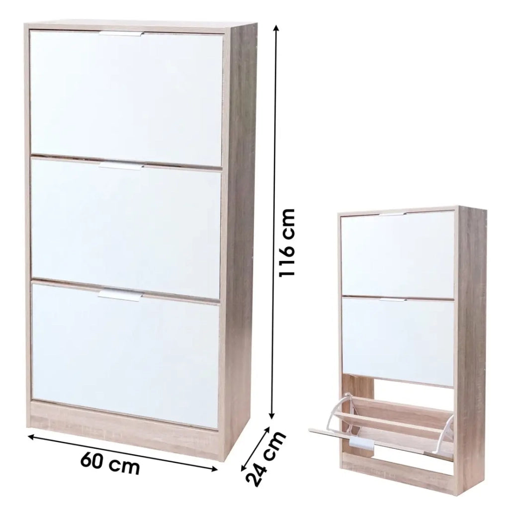 Mobile per scarpe stile design – Colore rovere chiaro con facciata a specchio – 60x24x116 cm – Collezione REFLEXIO