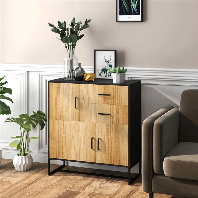 CREDENZA MODERNA CON 3 ARMADIETTI E 2 CASSETTI IN TRUCIOLATO E ACCIAIO 80X35X88 CM NERO E COLOR LEGNO