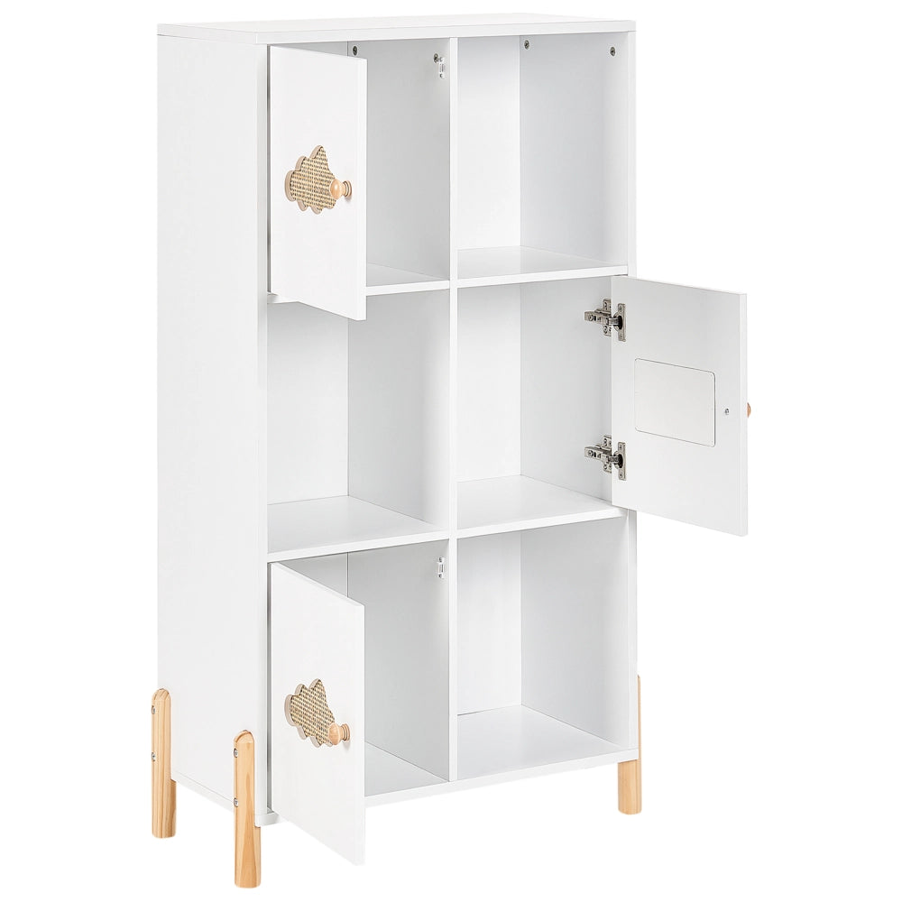 Libreria in MDF bianco con gambe in legno di pino per la cameretta dei bambini con motivo a nuvola.