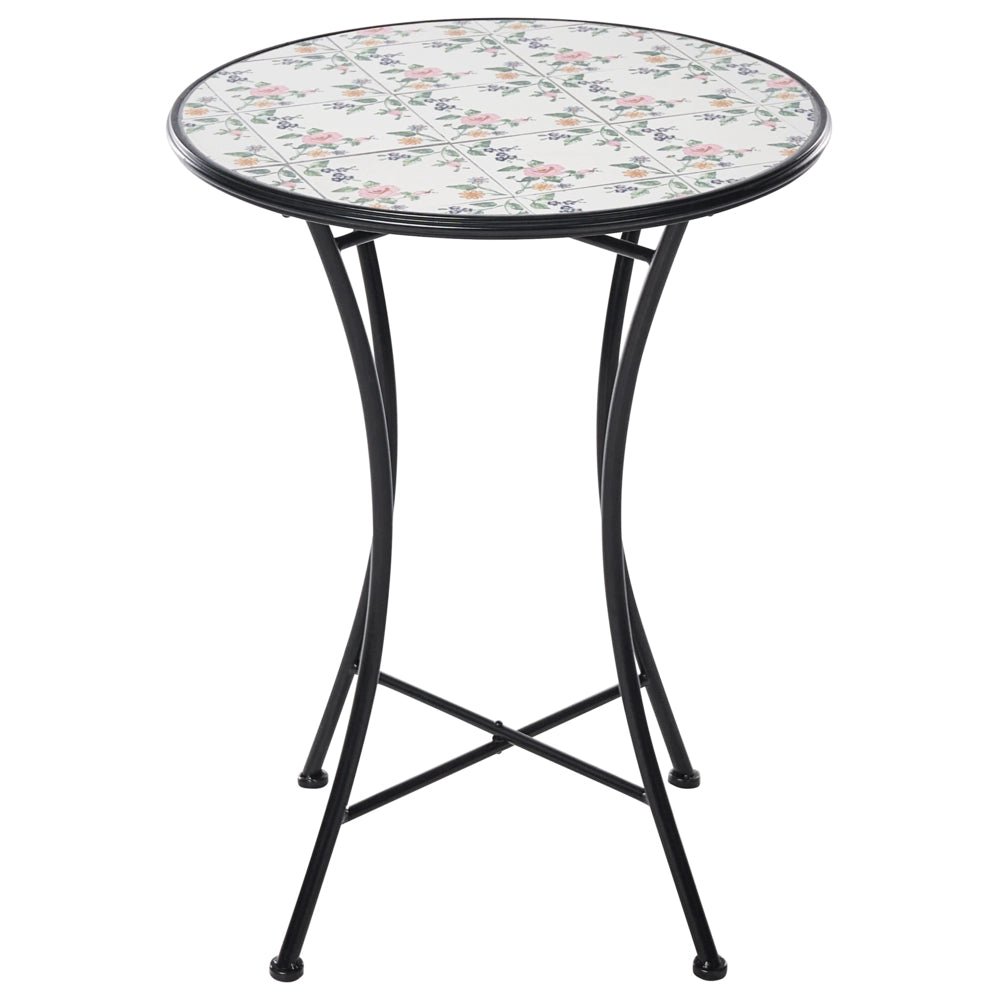 Tavolino da bistrot in ferro nero con piano rotondo rivestito in piastrelle di ceramica a mosaico stile ferro battuto