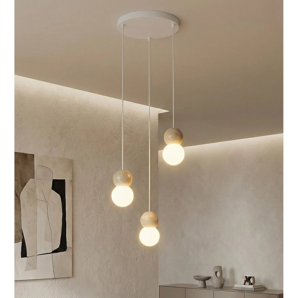 Lampada a sospensione LOOP in acciaio bianco e legno naturale