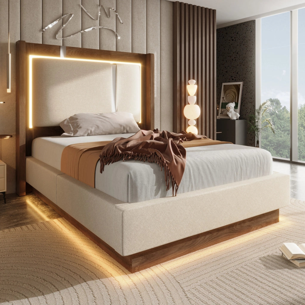 Letto singolo contenitore 90x200 cm con LED e rete a doghe in lino beige e noce HOMVRA