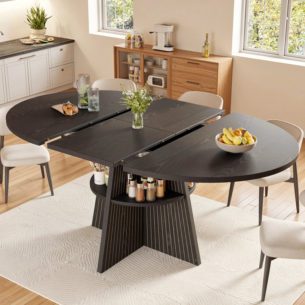 Tavolo da pranzo allungabile con vano aperto e angoli arrotondati per soggiorno e cucina; nero; 110-150 × 110 × 76 cm
