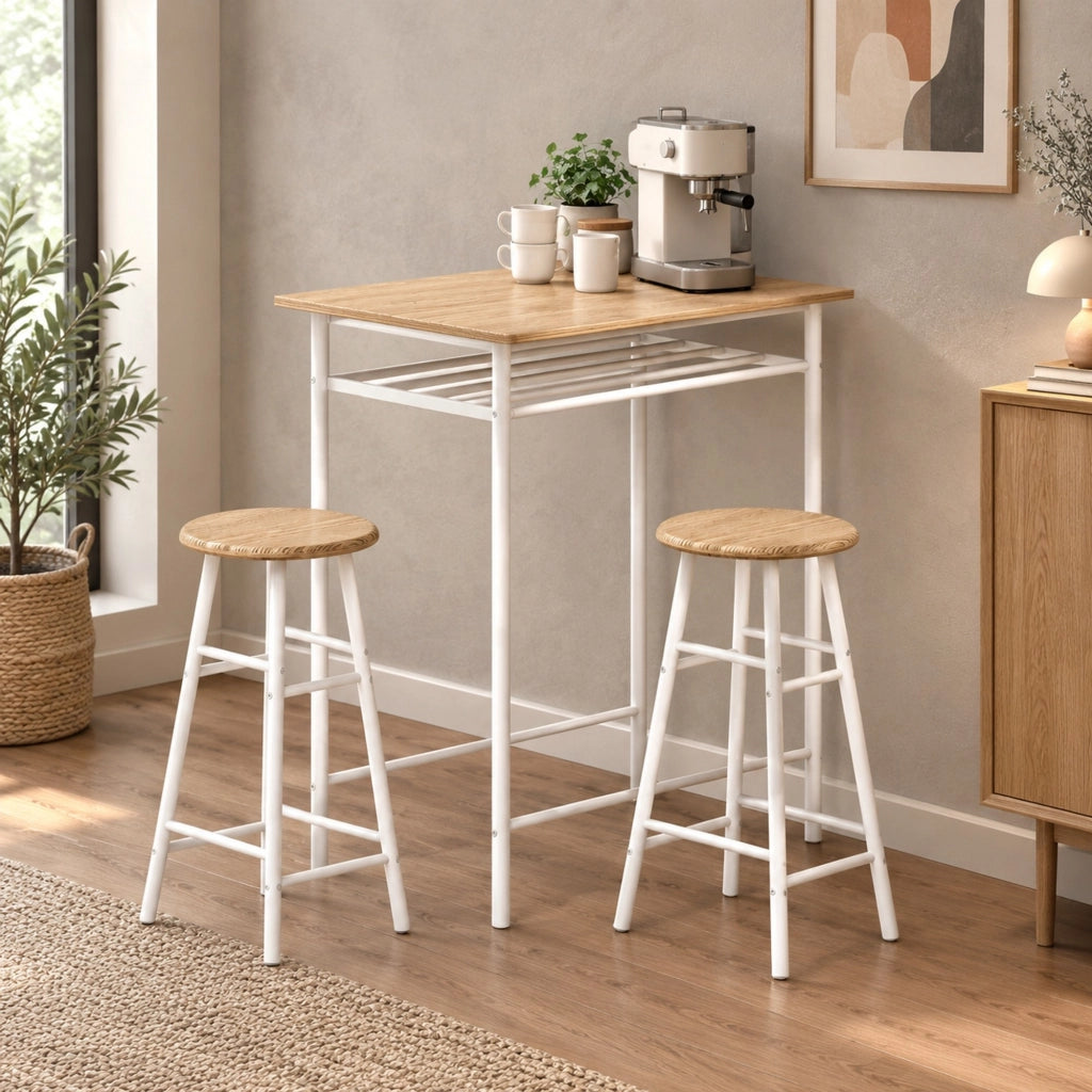 Set tavolo bar 3 pezzi con 2 sgabelli e ripiano, bianco