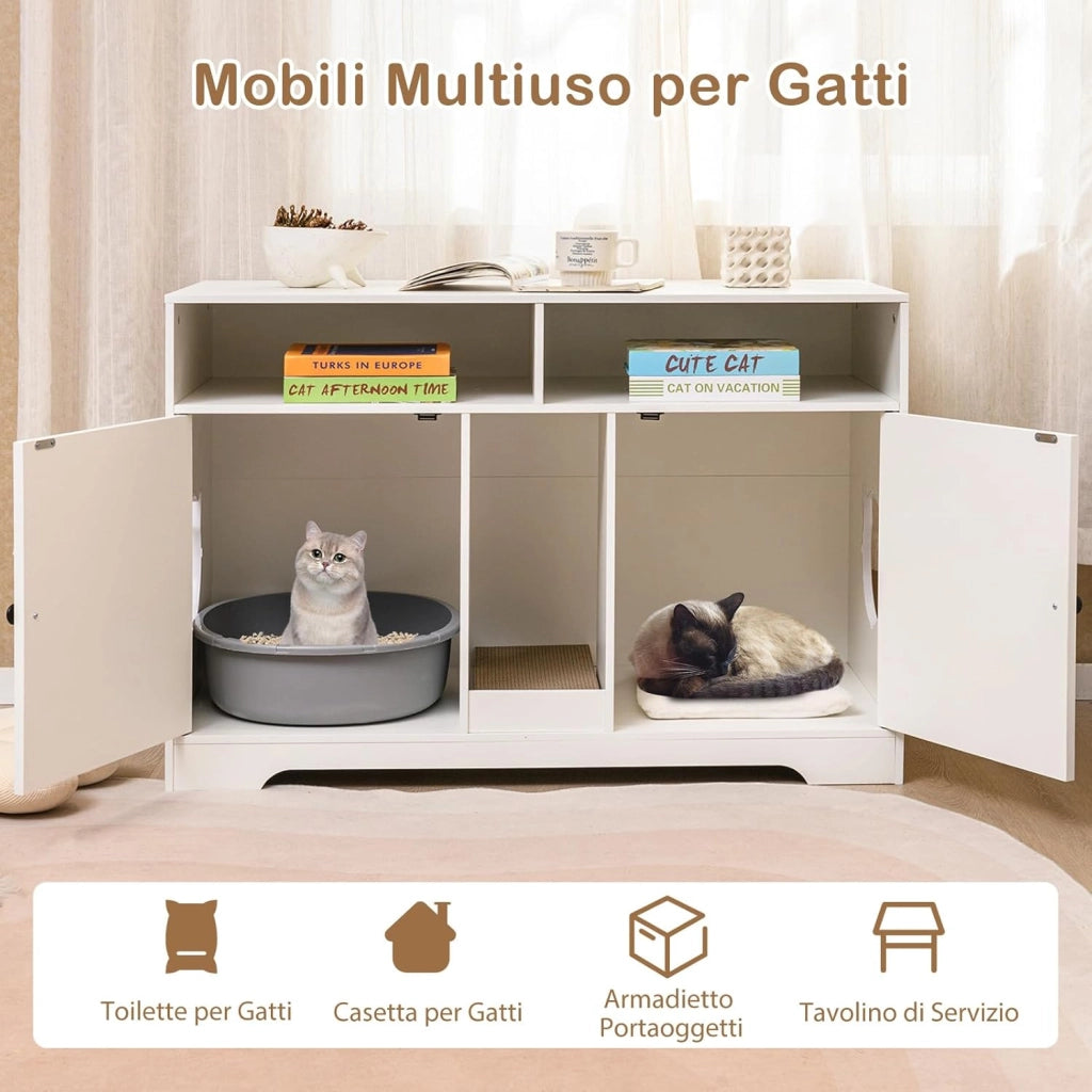 Mobile per Lettiera per Gatti, Cassetta per Gattini con Ripostiglio, Doppie Stanze, Tavola da Graffiare e 2 Tappetini in Sisal, Cuccia per Gatti da Interno, 76 x 53 x 74 cm