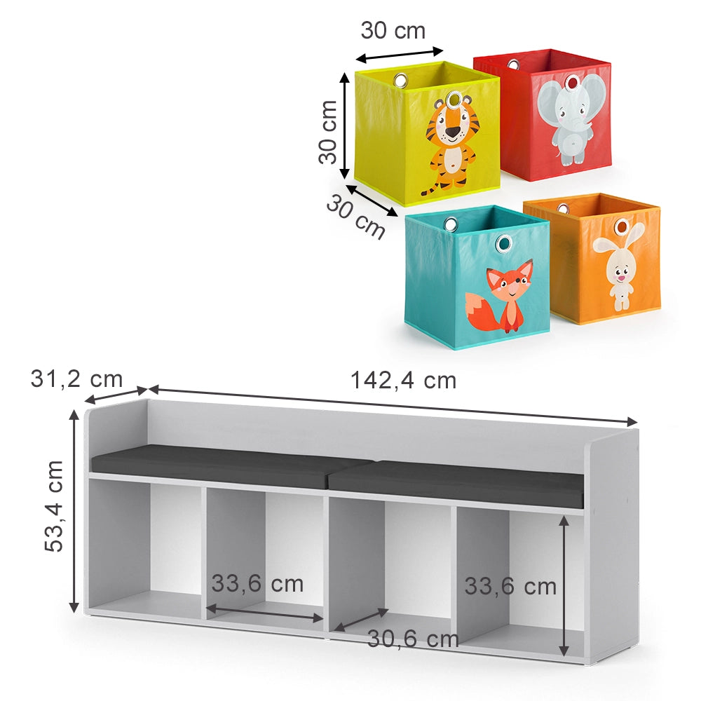 Vicco Scaffale per bambini Bianco 142.4 x 53.4 cm 4 scomparti, con cassette pieghevoli colorate