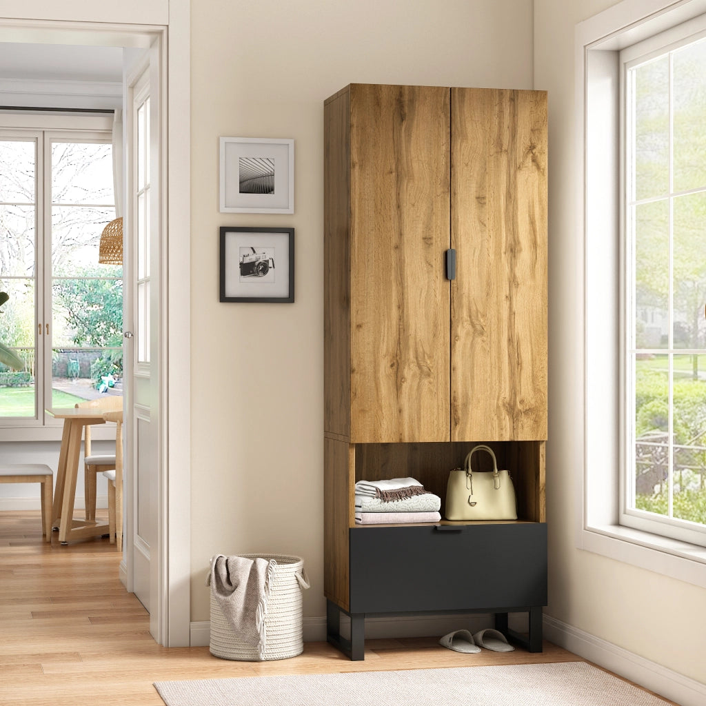 Armadio con asta appendiabiti, 1 cassetto e 3 ripiani, per ingresso, in truciolare, nero, 180 × 38 × 65 cm