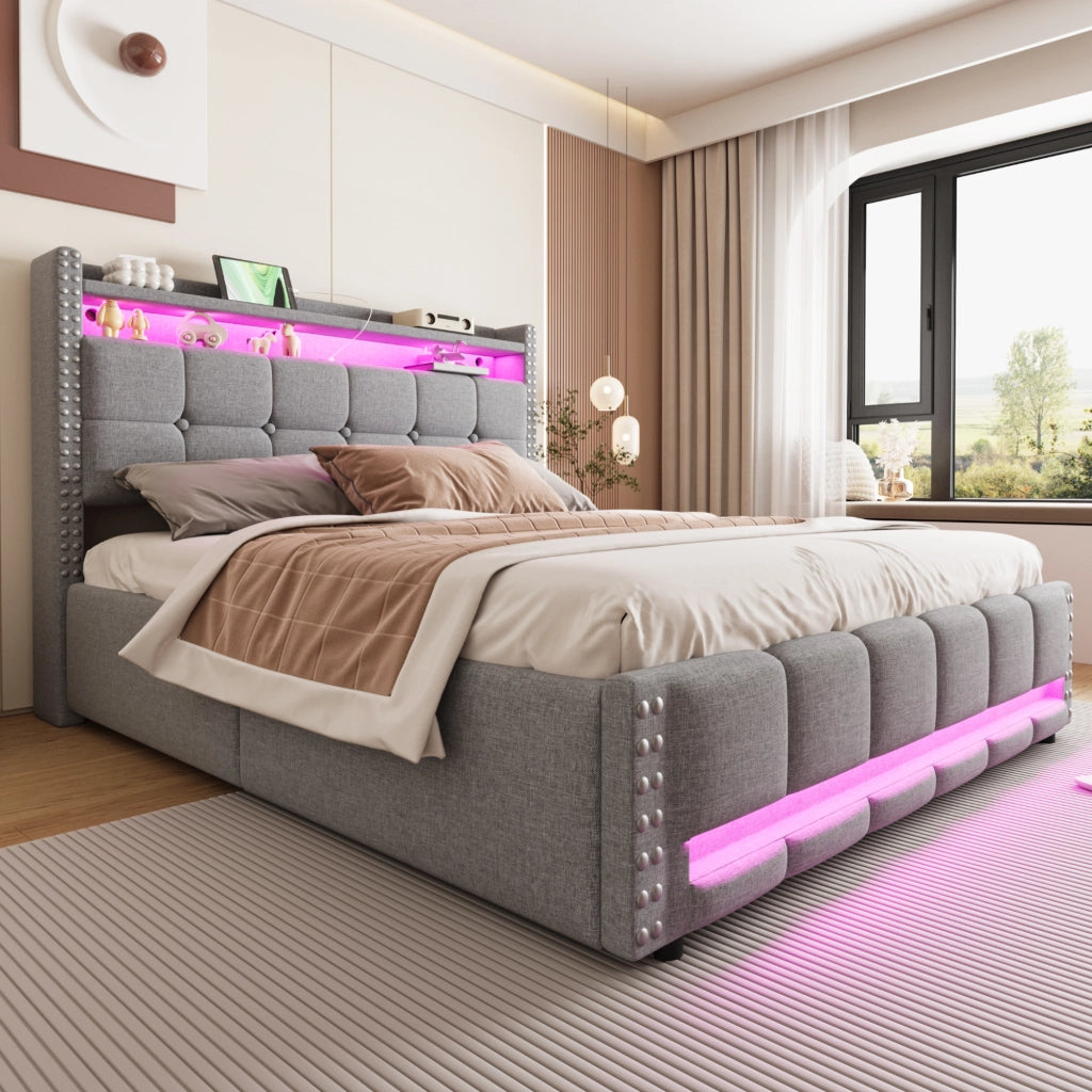 OKWISH Letto Contenitore 160×200 cm, Letto Matrimoniale con LED Regolabile, USB, Tipo C e Mensole, senza Materasso, in Tessuto, Grigio Chiaro