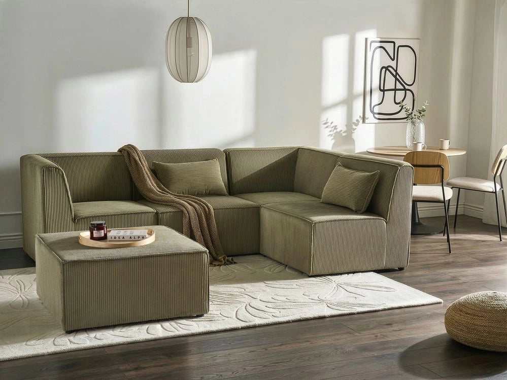 Divano modulare lato sinistro 4 posti con Ottomana in Velluto a coste verde design moderno soggiorno
