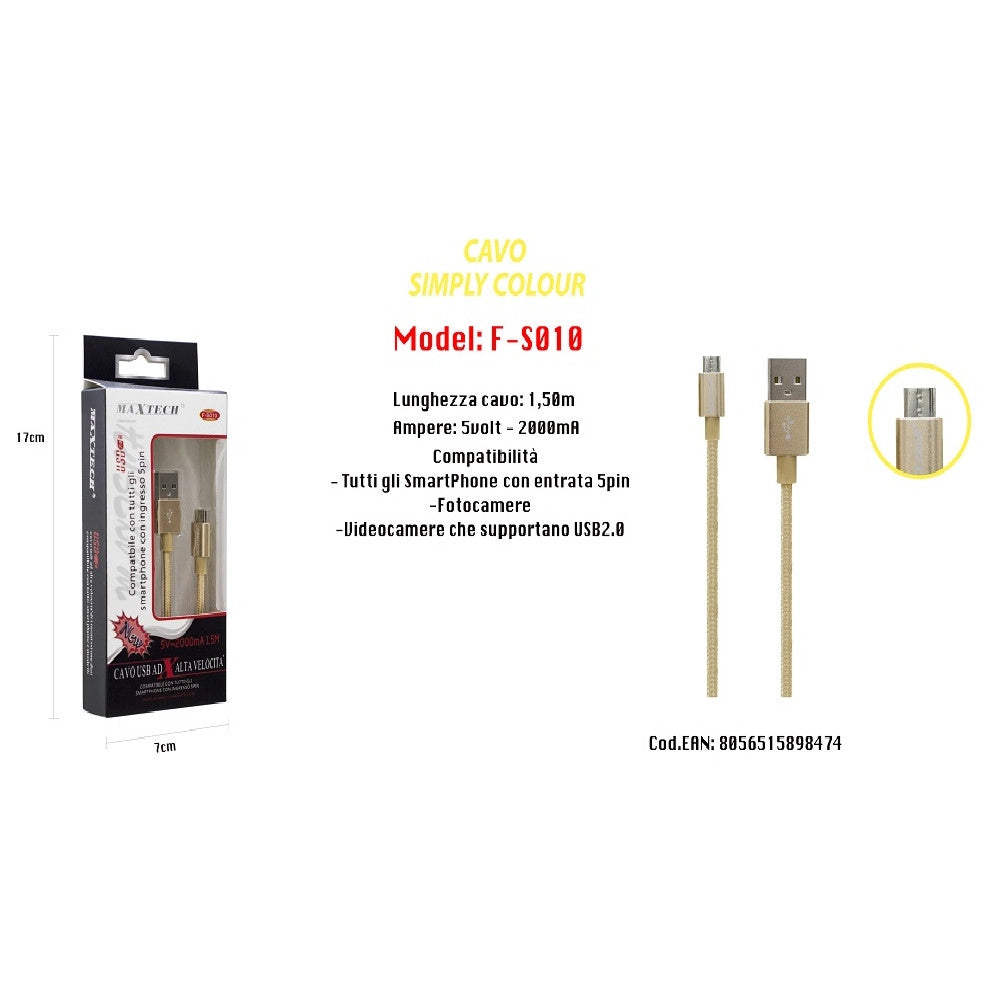 Trade Shop - Cavo Simply Colour Per Smartphone 5volt - 2000ma Lunghezza 1,5mt Maxtech F-s010 -