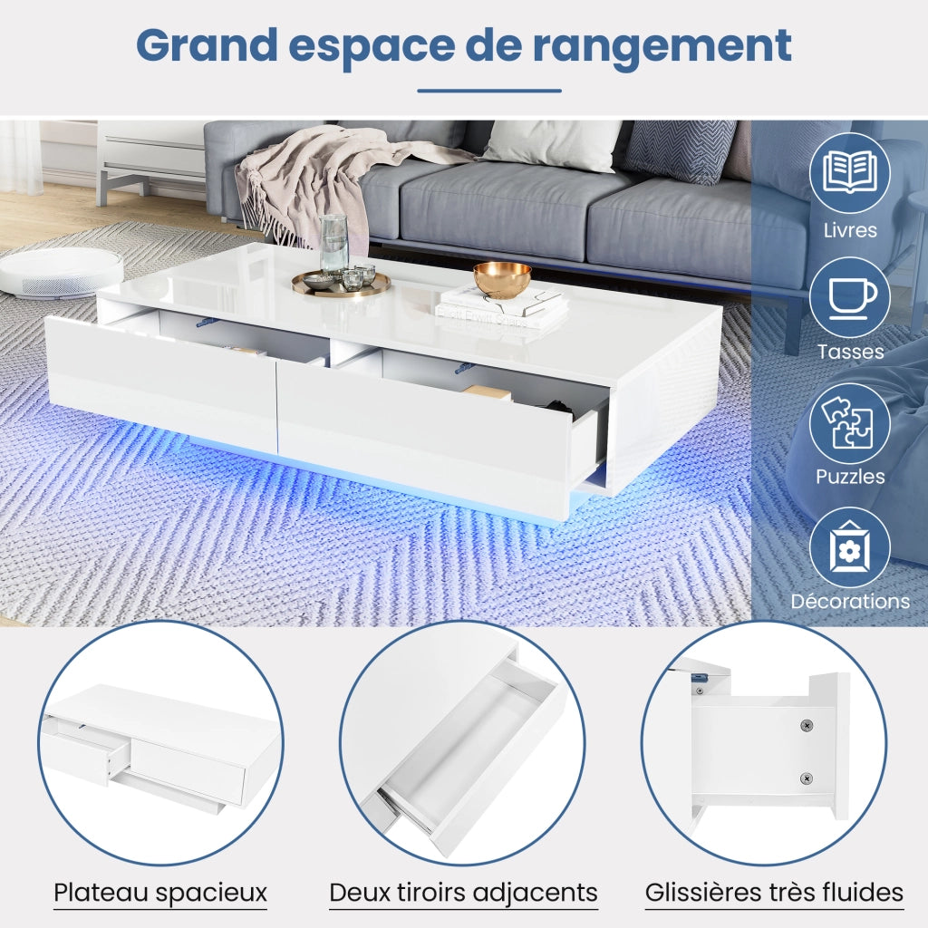 Tavolino da Salotto con 2 Cassetti e LED; Finitura Lucida; per Soggiorno; in Truciolato; Bianco