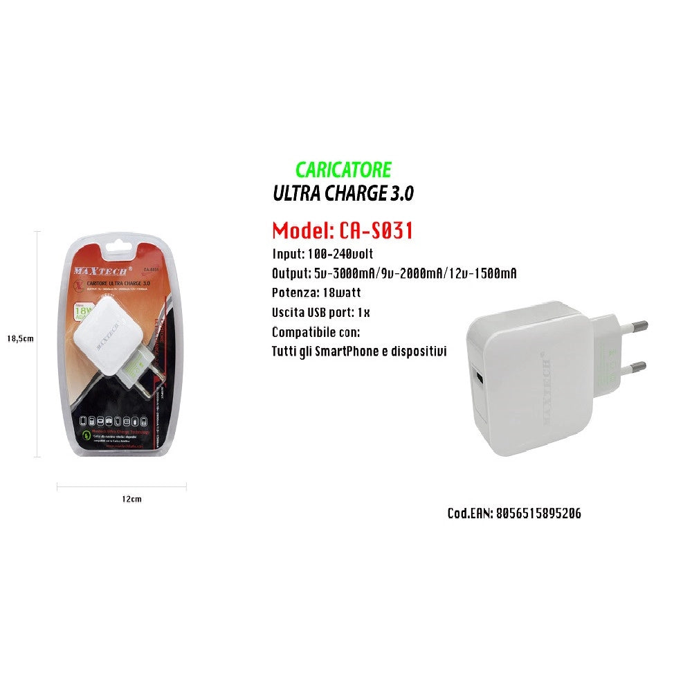 Trade Shop - Caricatore Usb Portatile Ricarica Smartphone Cellulare Maxtech 5v-3000ma Ca-s031 -