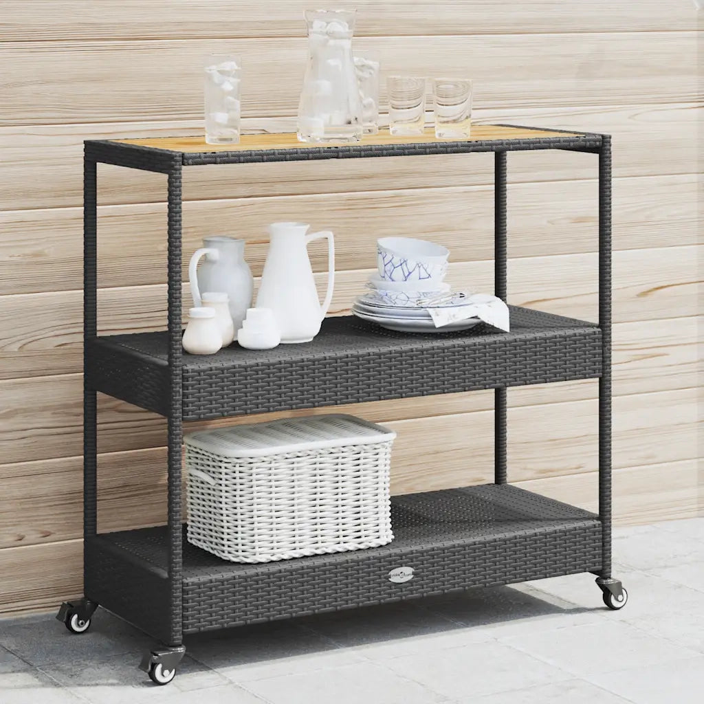 Carrello da Bar 3 Livelli Nero in Polyrattan e Legno Acacia CFW5074030