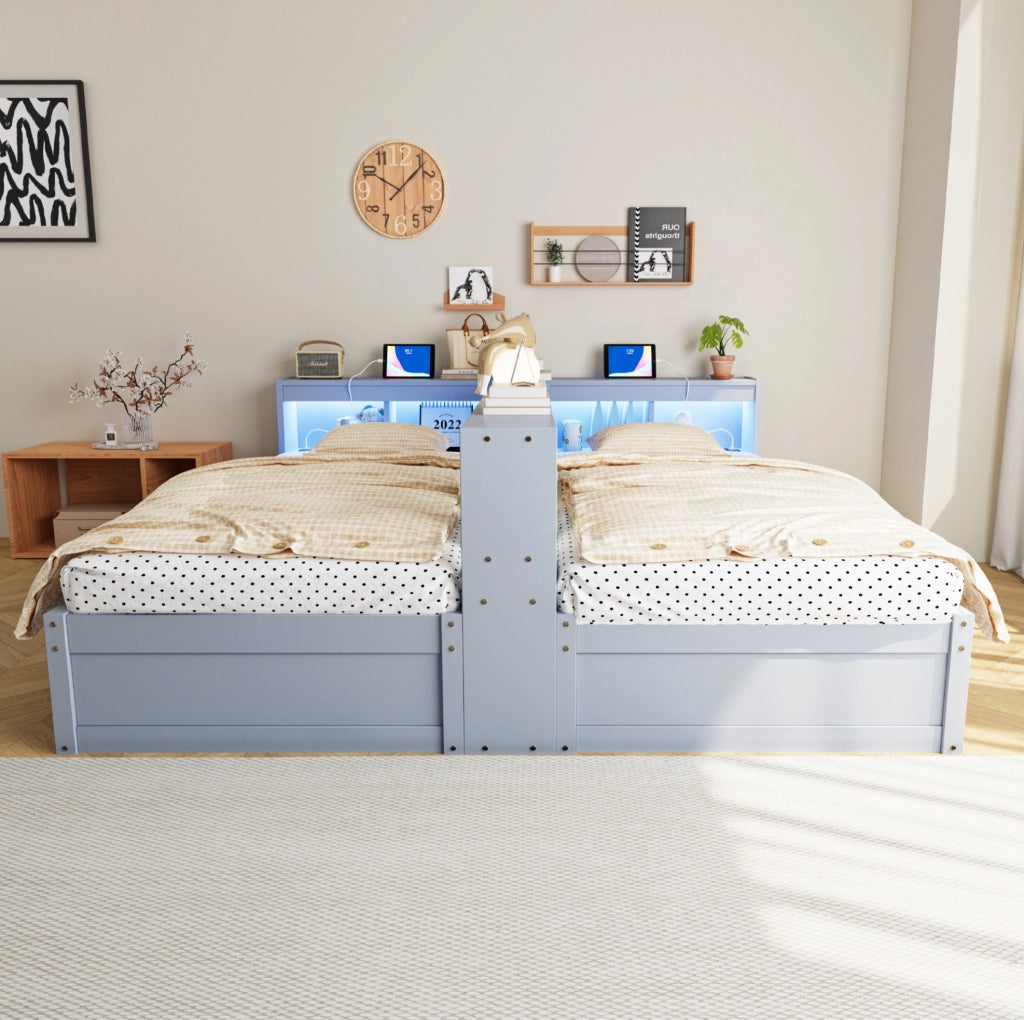 Letto multifunzione 90/180x200 cm grigio con prese integrate; LED e contenitore