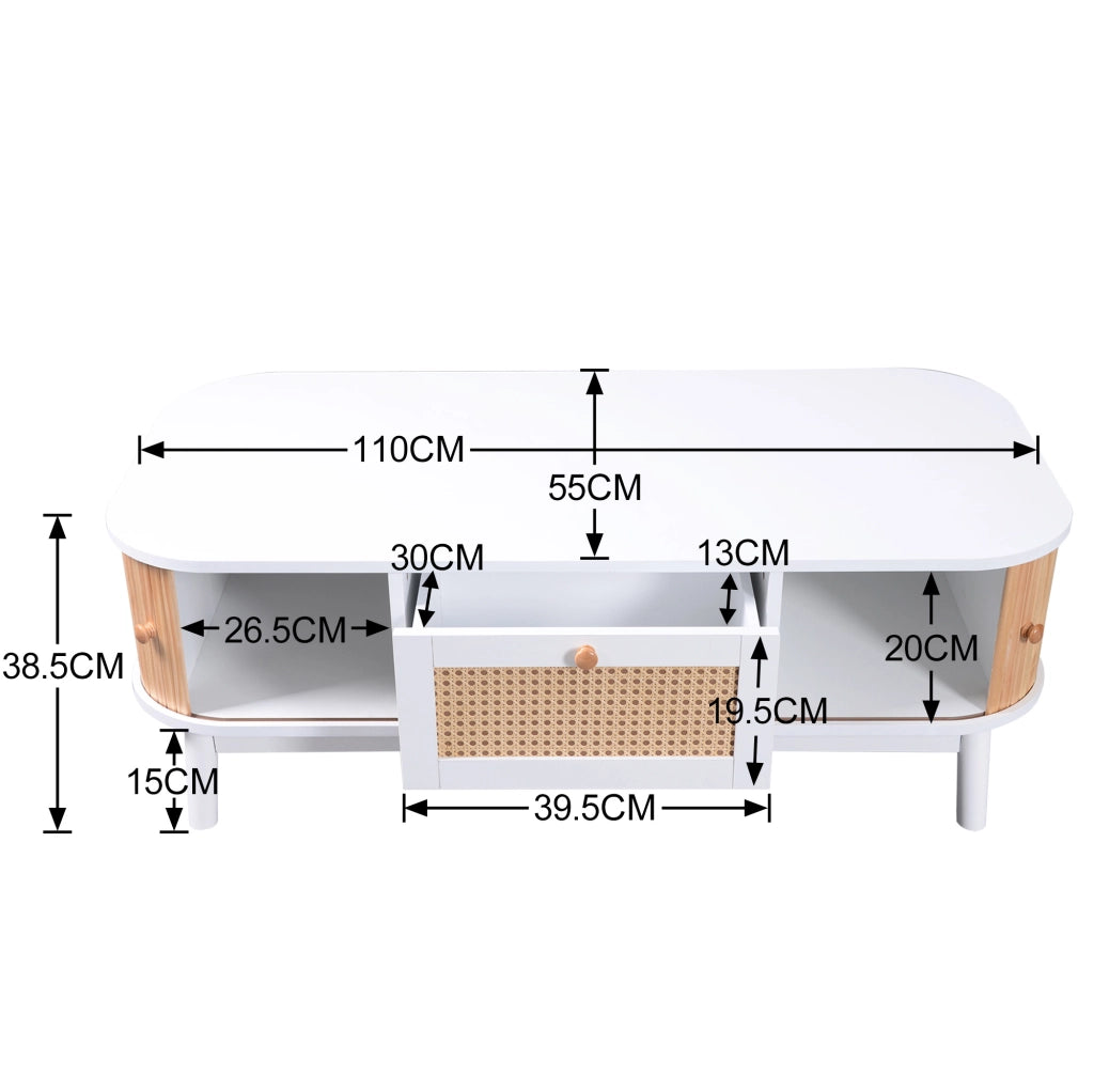 Tavolino da caffè 110x55 cm bianco e legno con contenitore