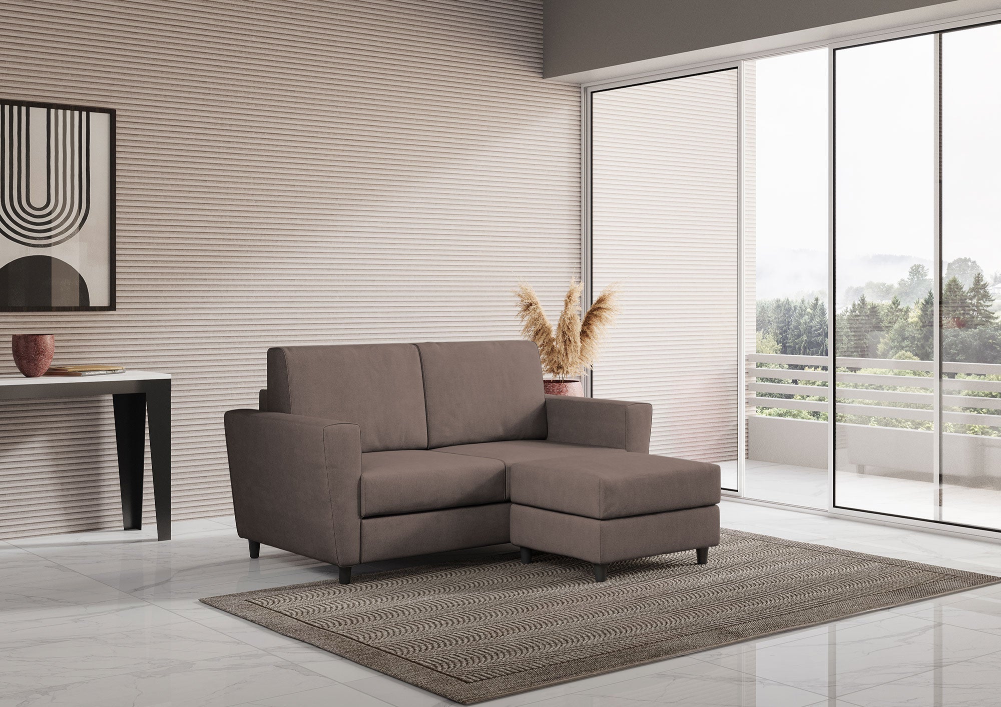 Divano 2 Posti con Pouf 152x155x85 cm Yasel in Tessuto Talpa