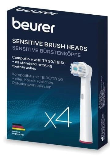 Beurer 10158 Clean - KIT_ 4 testine di ricambio Sensitive per spazzolini oscillanti-rotanti, compatibili con TB 30-TB 50, setole morbide per gengive sensibili, cappucci protettivi, anelli colorati, Bianco