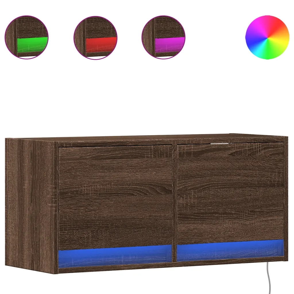 Mobile TV a Parete con Luci LED Rovere Marrone 80x31x35 cm 852361