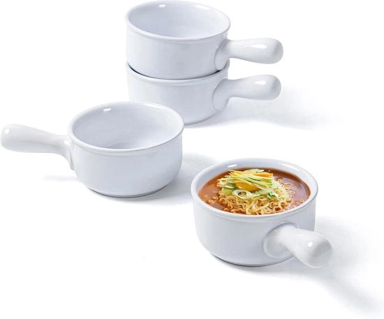 Bicchierino di ceramica con maniglia, ciotola per zuppa in ceramica - 400 ml, pentola per zuppa per cereali/pasta, ciotola, ciotola per insalata, resistente a microonde e forno - Pacchetto da 4, Bianco