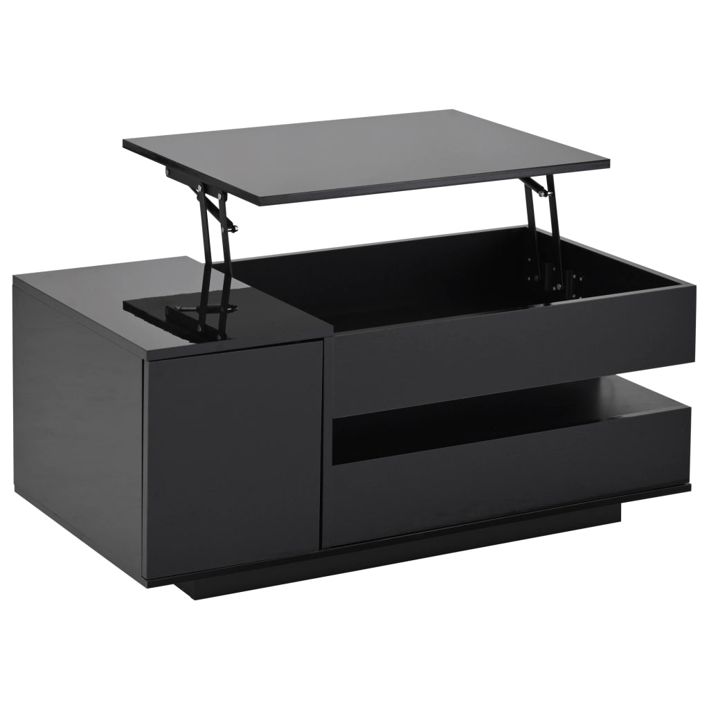 OKWISH Tavolino da Salotto Alzabile Moderno con 1 Cassetto, 1 Anta e Vano Aperto, LED, per Soggiorno, Nero, 95×50×40 cm