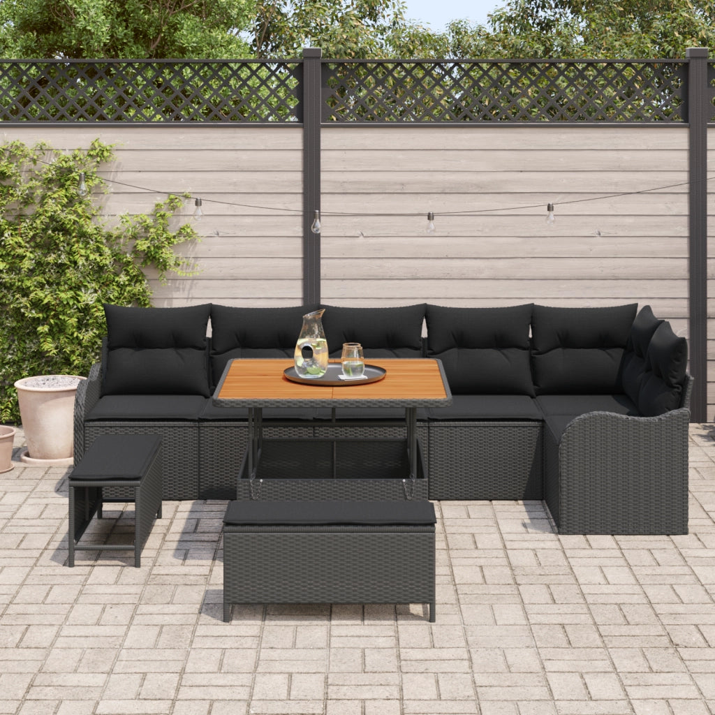 Set Divano da Giardino a 9 Pezzi con Cuscini Nero Polyrattan Acacia