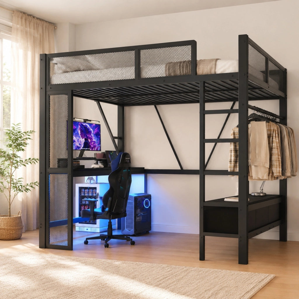 Letto a soppalco 140x200 cm con USB, LED e scrivania