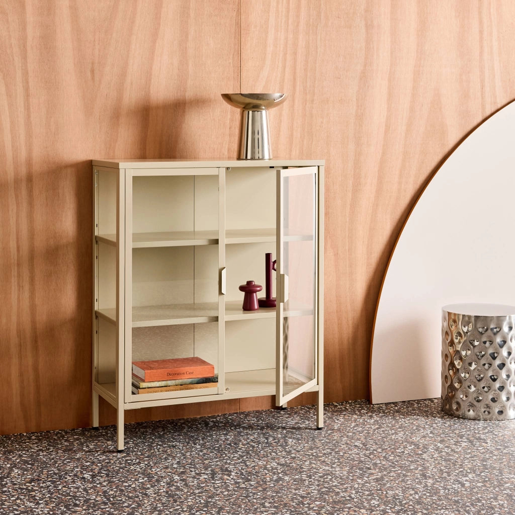 Vetrina in acciaio e vetro temperato con 2 ante, 102cm, beige