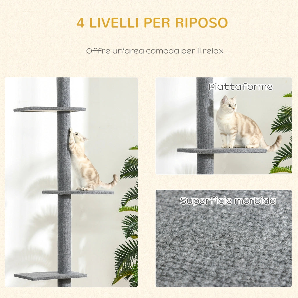 Albero Tiragraffi per Gatti a 4 Livelli ¨C Zephmum ¨C Grigio, 43x27x228-260cm