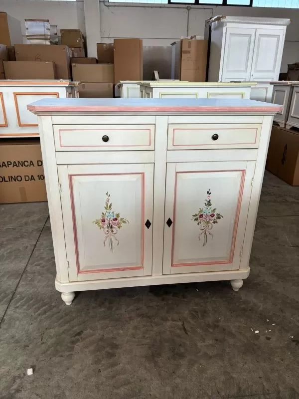 Credenza 2 porte legno shabby bianco anticato filo rosa decori 105x45x98 - Mobili 2G
