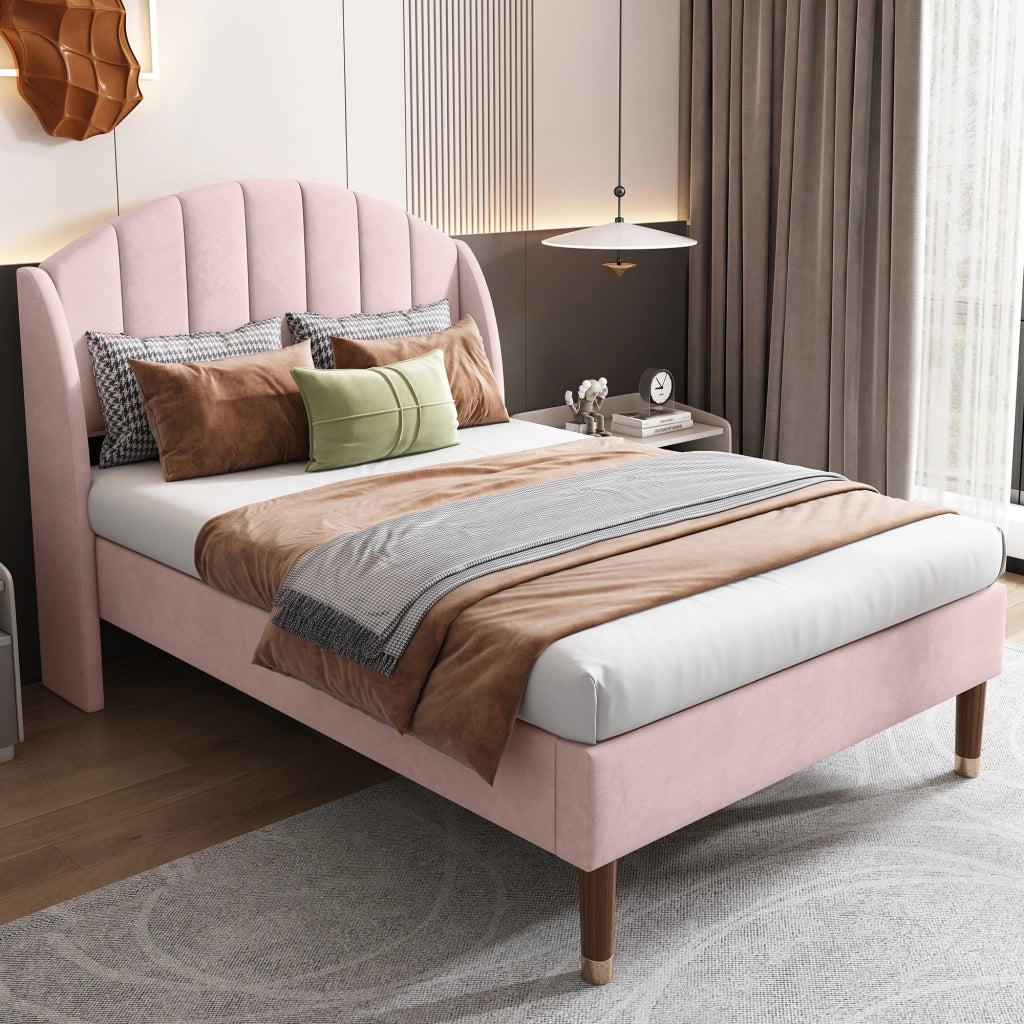 OKWISH Letto Singolo 90×200 cm con Testiera Imbottita e Rete a Doghe, senza Materasso, in Velluto, Rosa