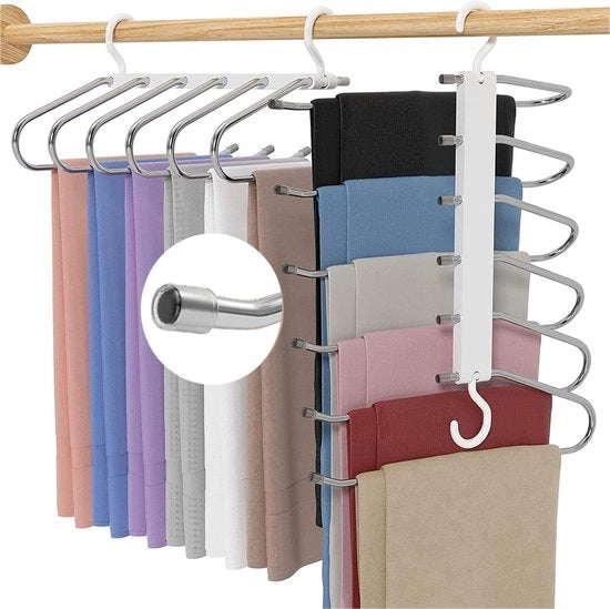 Due appesi per pantaloni, spaziali, 6-in-1 appesi per pantaloni magici, appesi per abiti multiuso, ciascuno può contenere 6 pantaloni da sera, jeans, sciarpe, asciugamani, cravatte.