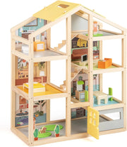 Casa delle Bambole in Legno, Casa Bambole con 4 Piani, 7 Stanze, Garage e Scale, Casetta Giocattolo Educativo con 18 Mobili Accessori e 3 Figure, per Bambini 3+ Anni, 60 x 30 x 75 cm