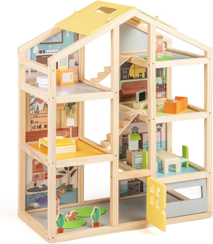 Casa delle Bambole in Legno, Casa Bambole con 4 Piani, 7 Stanze, Garage e Scale, Casetta Giocattolo Educativo con 18 Mobili Accessori e 3 Figure, per Bambini 3+ Anni, 60 x 30 x 75 cm