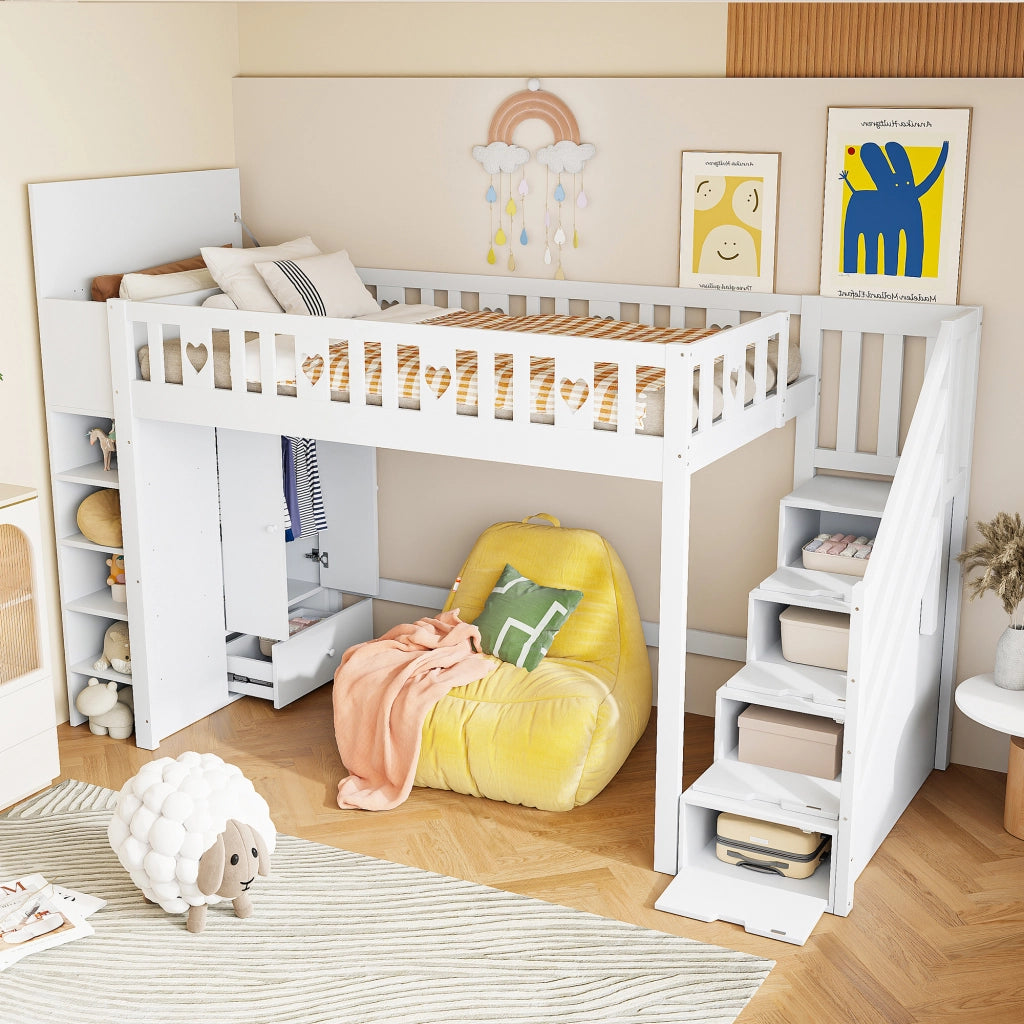 OKWISH Letto a Soppalco 90×200 cm, Letto Singolo con Scala Contenitore, Mensole e Armadietto Ribaltabile, senza Materasso, Bianco