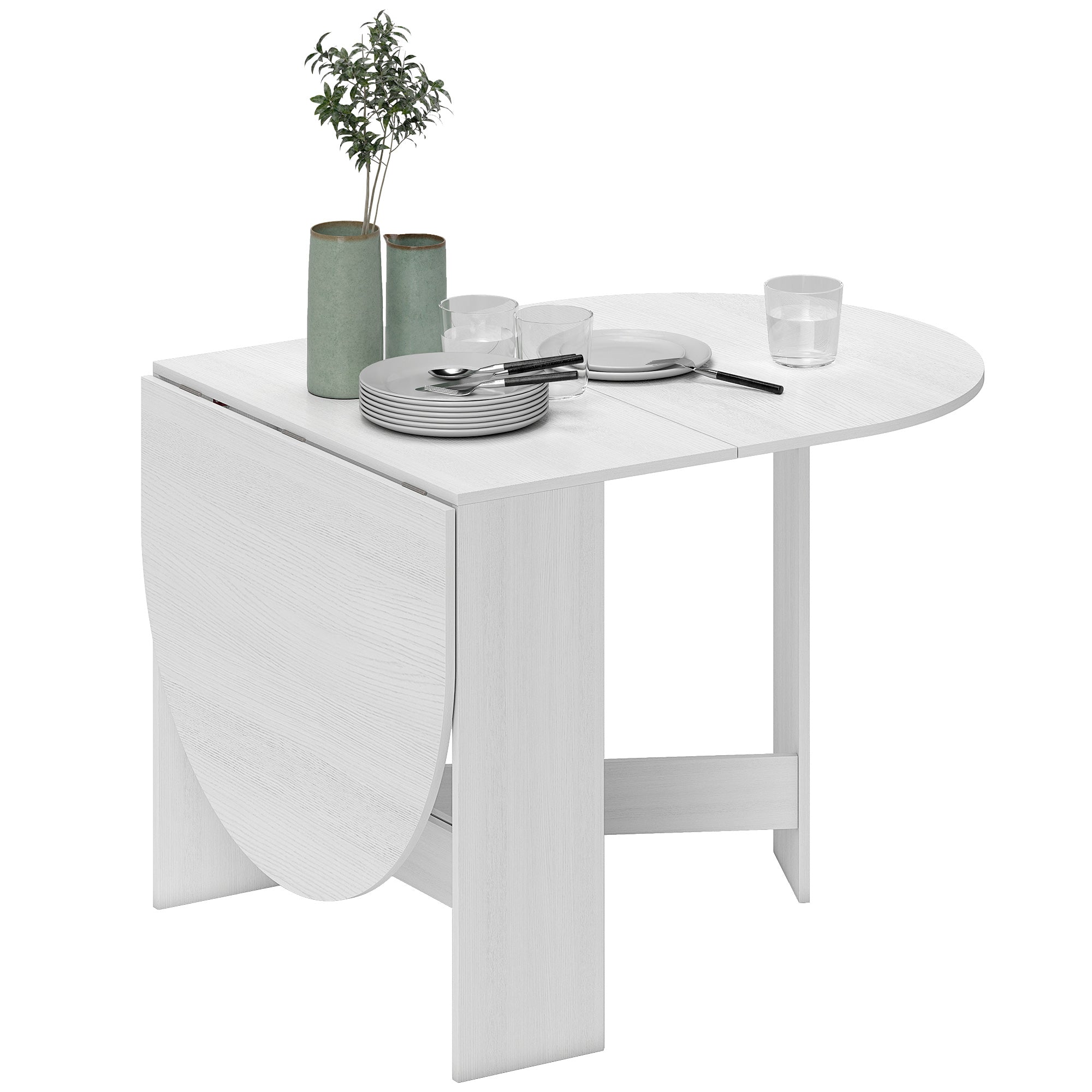 Tavolo Pieghevole da Pranzo 163x80x75 cm con 2 Ribalte Ovale in Legno Bianco