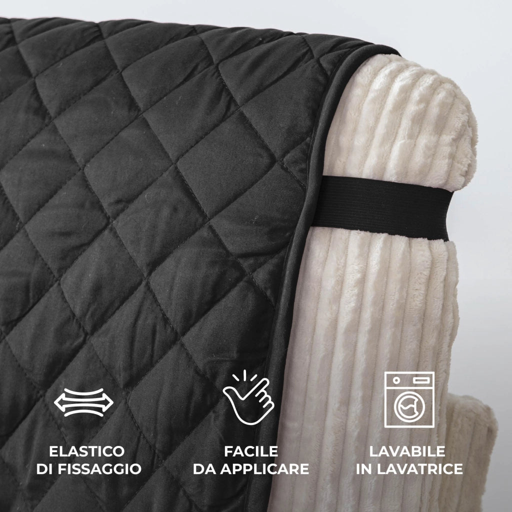 Copridivano Con Braccioli Antimacchia Trapuntato Protettore Impermeabile Salvadivano Idrorepellente Imbottito Con Elastico Antiscivolo Nero - Poltrona 1 posto